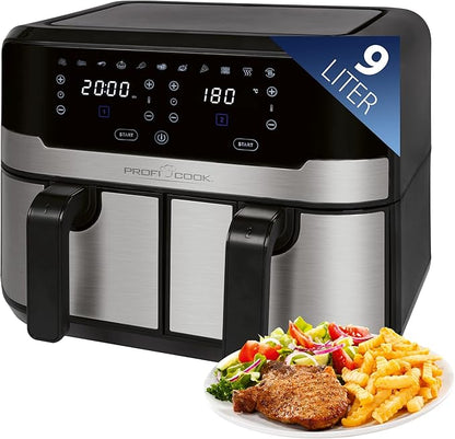 ProfiCook Friteuse à air chaud double 9 litres - XXL Friteuse à air chaud double chambre - avec air chaud sans huile supplémentaire - 9 programmes - Air Fryer avec écran tactile| 2400W - PC-FR 1242 H