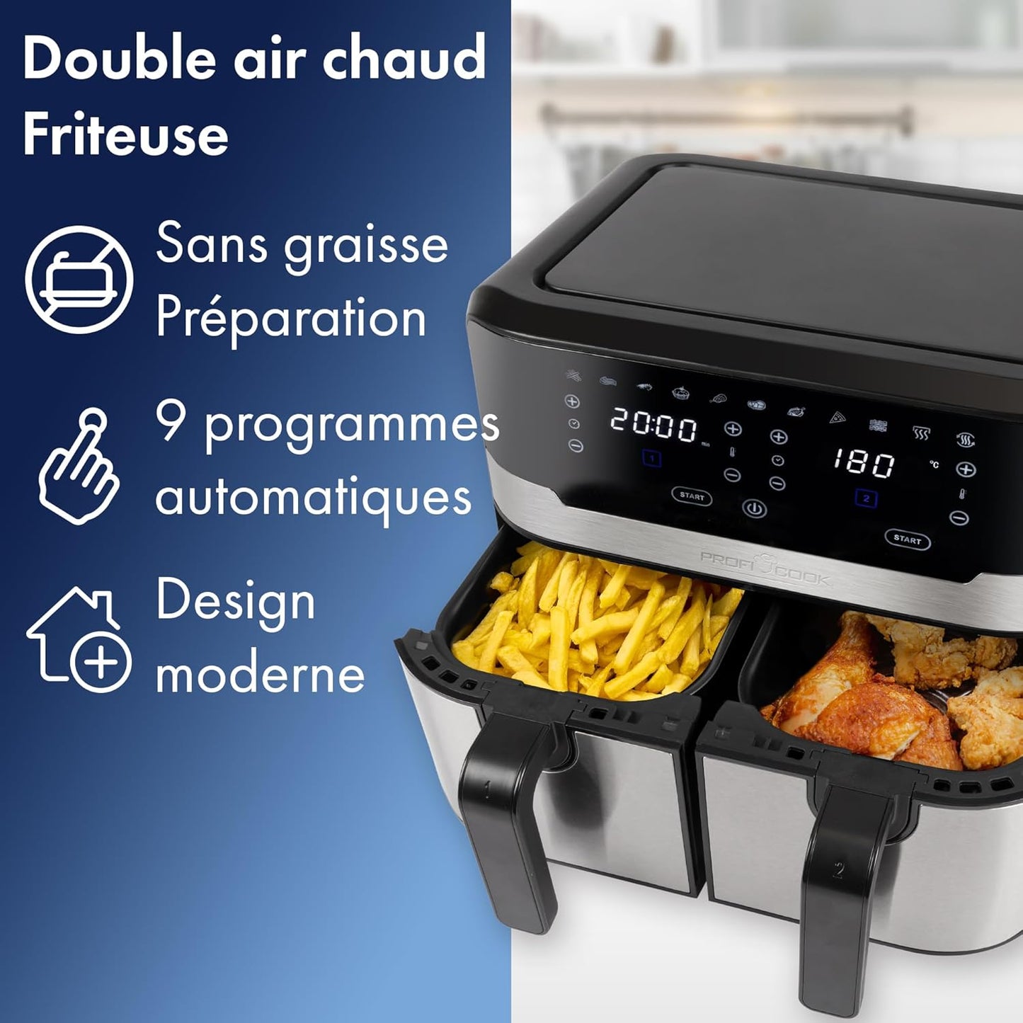 ProfiCook Friteuse à air chaud double 9 litres - XXL Friteuse à air chaud double chambre - avec air chaud sans huile supplémentaire - 9 programmes - Air Fryer avec écran tactile| 2400W - PC-FR 1242 H